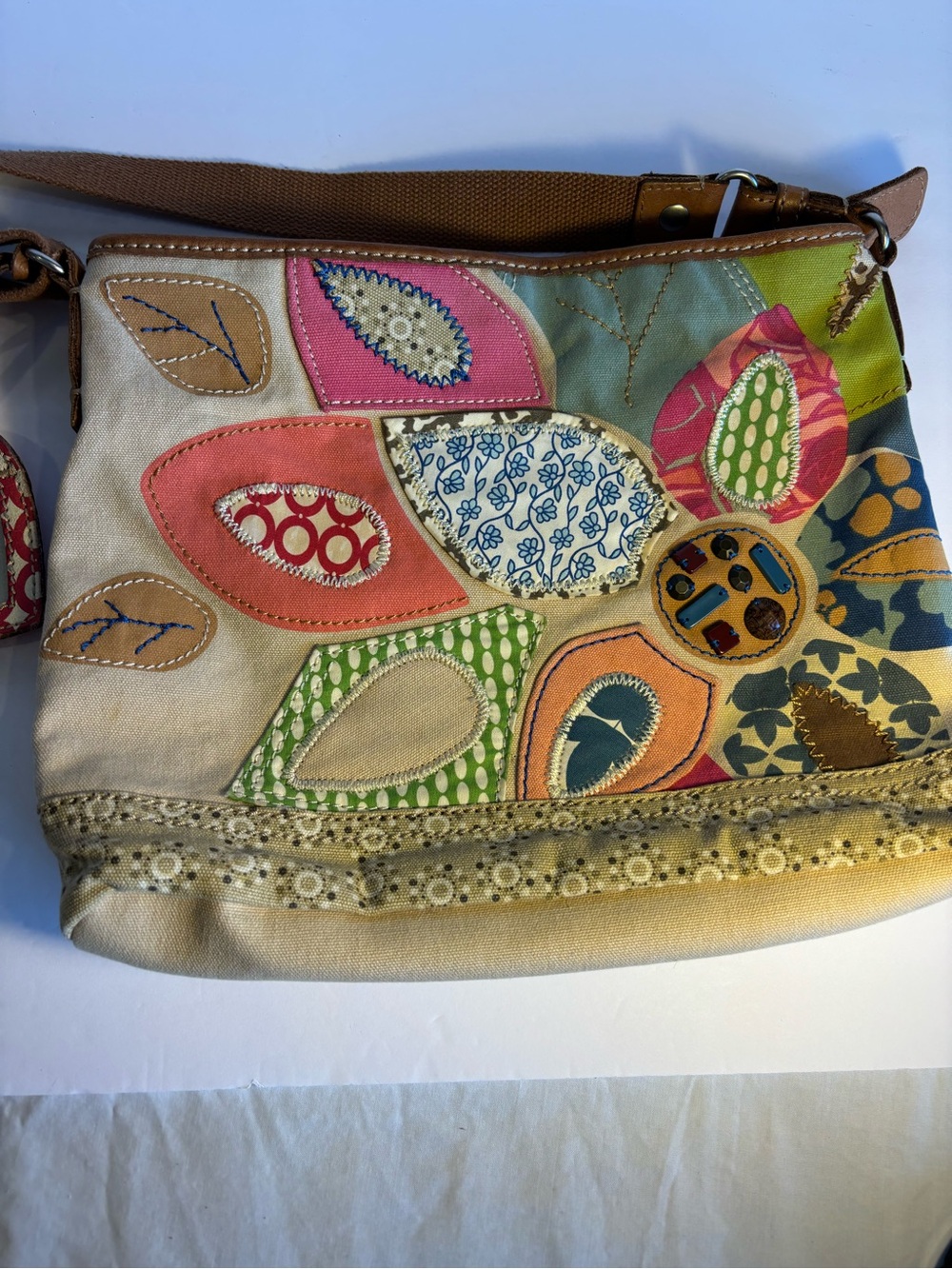 Vintage Fossil Y2K Canvas Patchwork Boho Leaf Crossbody Handbag